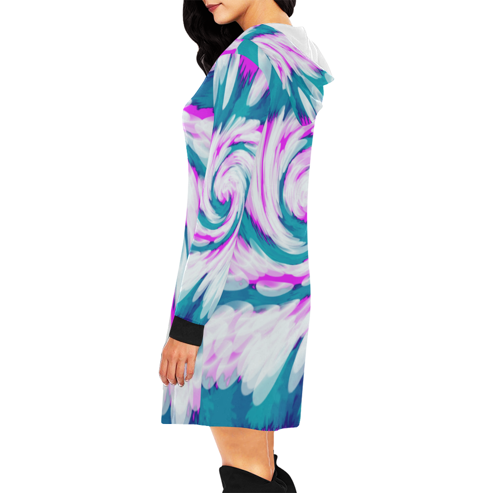 Turquoise Pink Tie Dye Swirl Abstract All Over Print Hoodie Mini Dress (Model H27)
