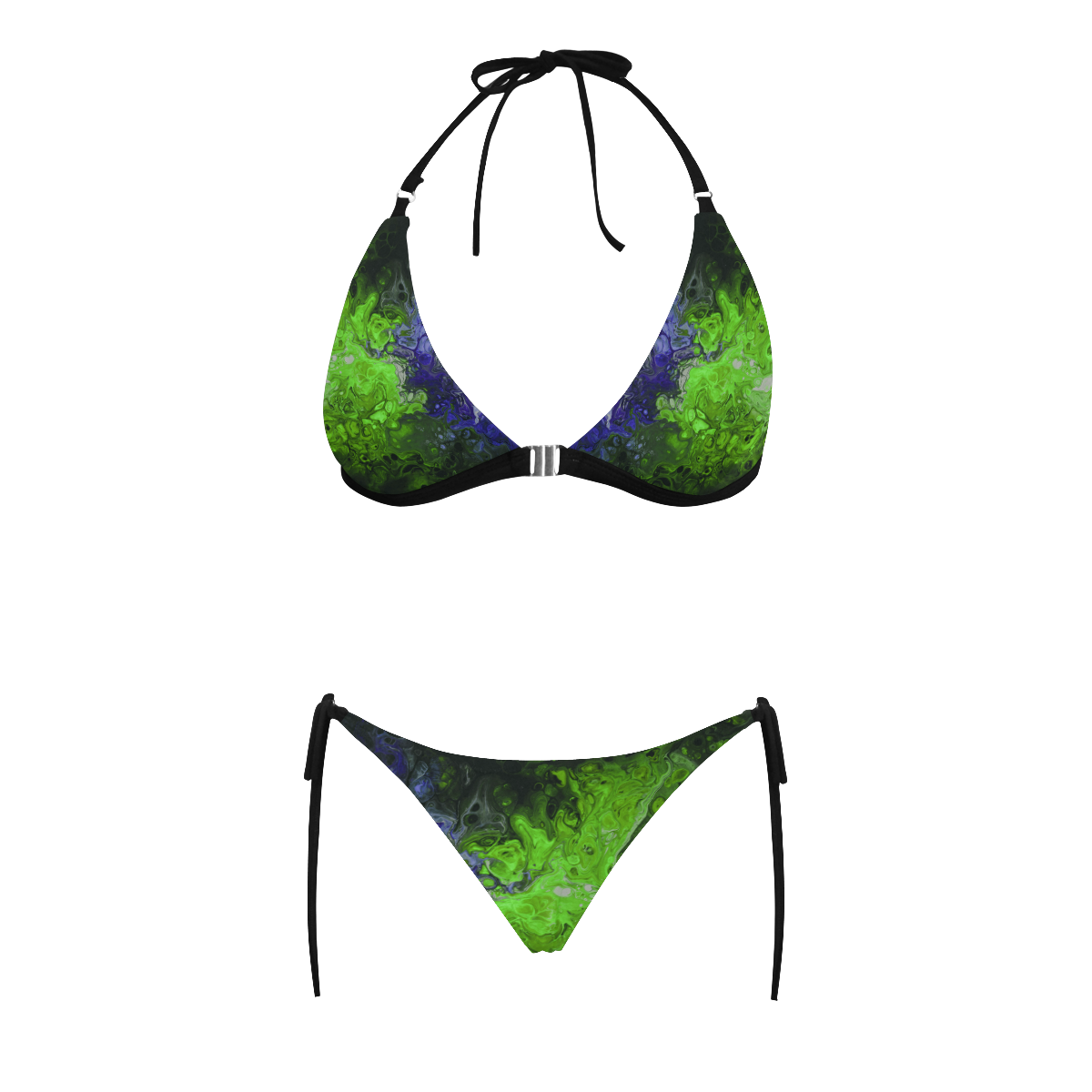 Fantasy Swirl Green Blue. Buckle Front Halter Bikini Swimsuit (Model S08)