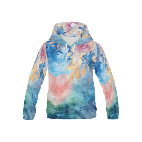 Heart and Flowers - Pink and Blue All Over Print Hoodie for Kid (USA Size) (Model H13)