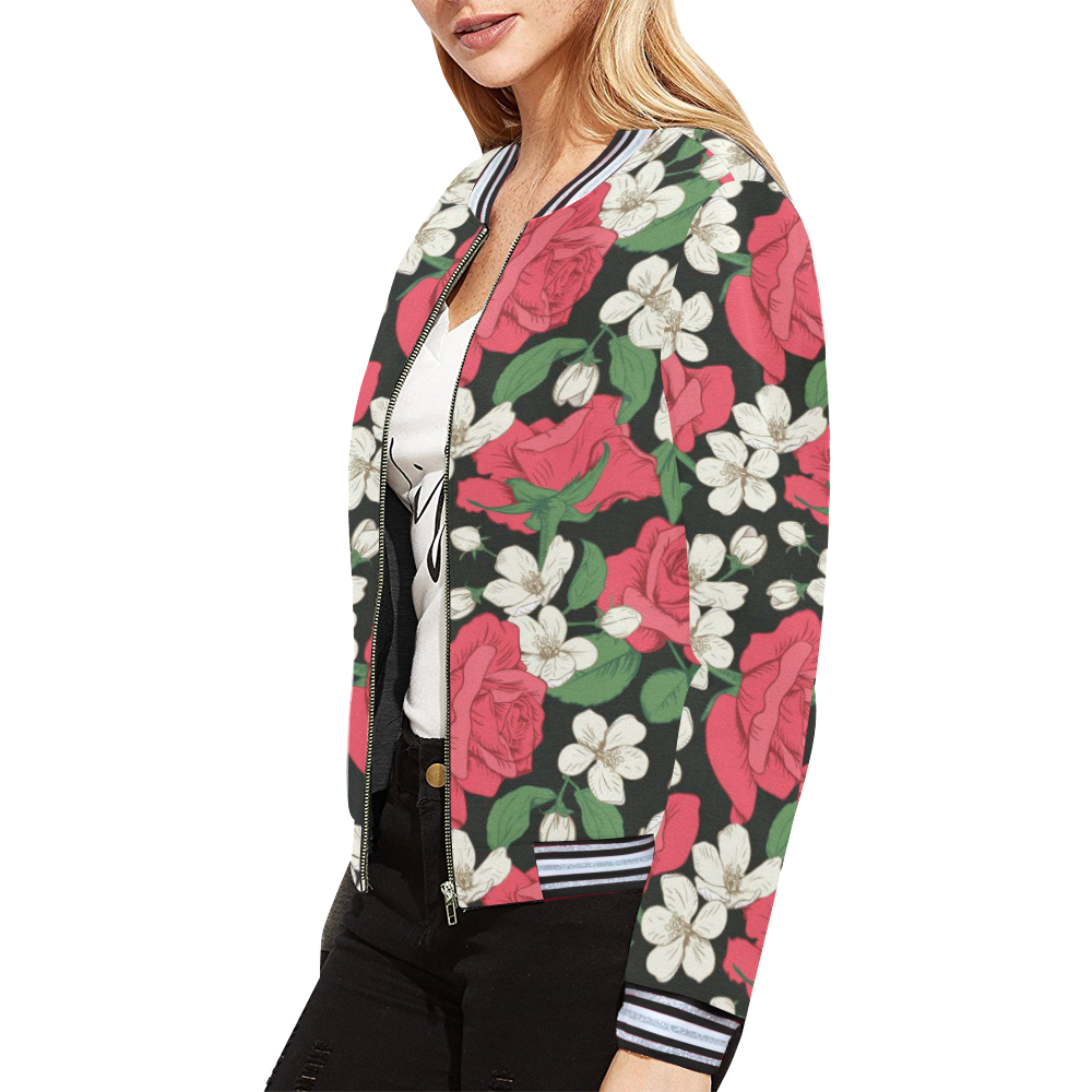 Pink, White and Black Floral All Over Print Bomber Jacket for Women (Model H21)