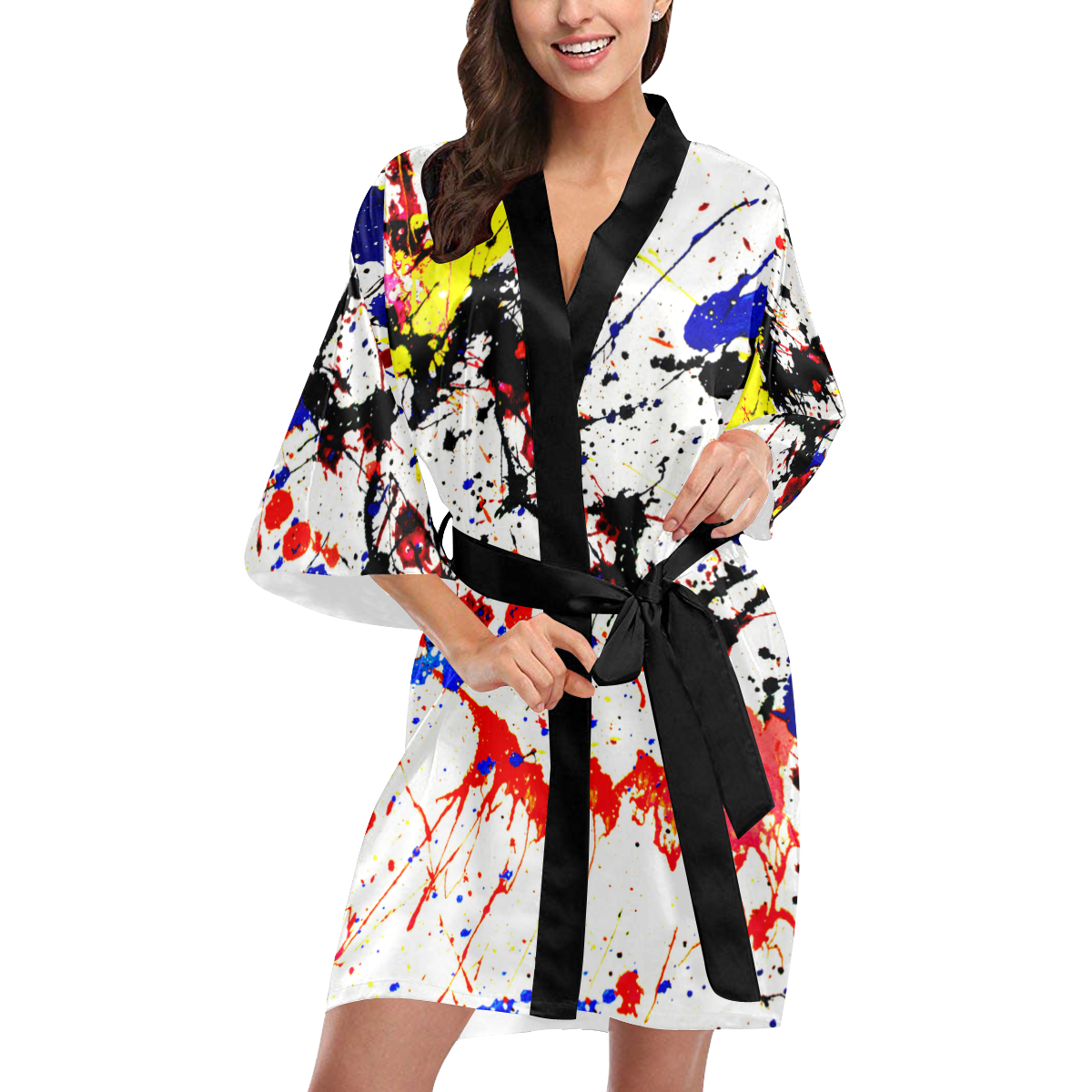 Blue,Black & Red Paint Splatter Kimono Robe