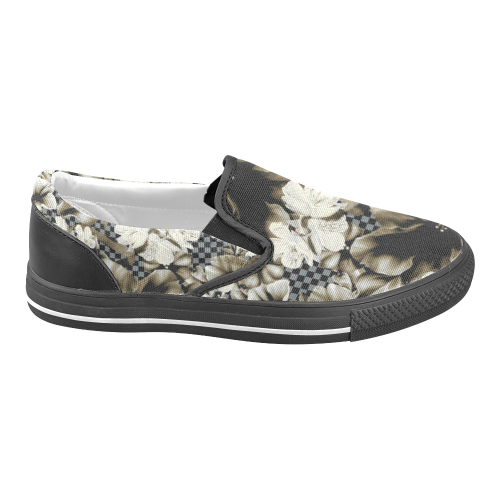 Black and White Flowers on Checkerboard Design By Me by Doris Clay-Kersey Men's Unusual Slip-on Canvas Shoes (Model 019)