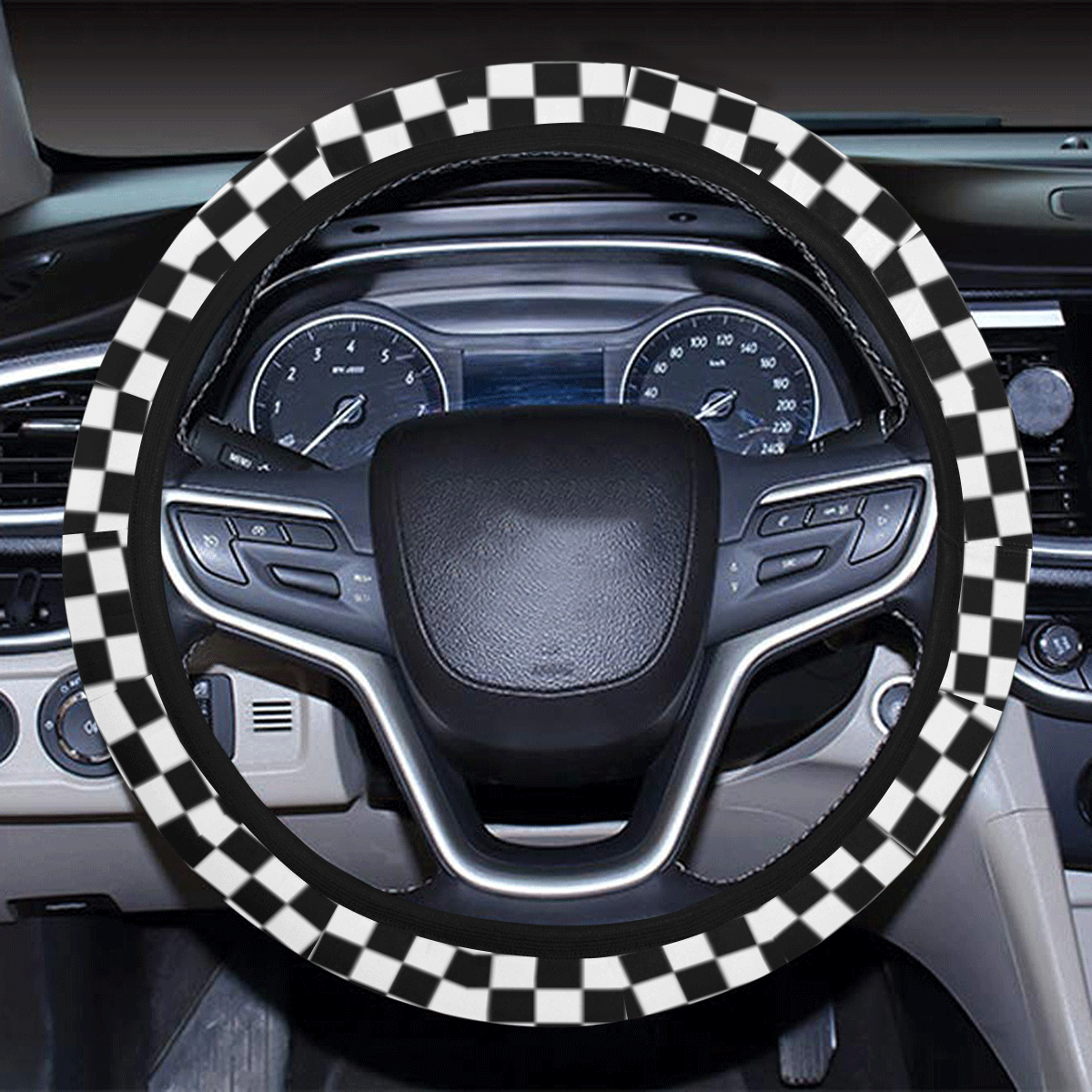 Checkerboard Black And White Steering Wheel Cover with Elastic Edge