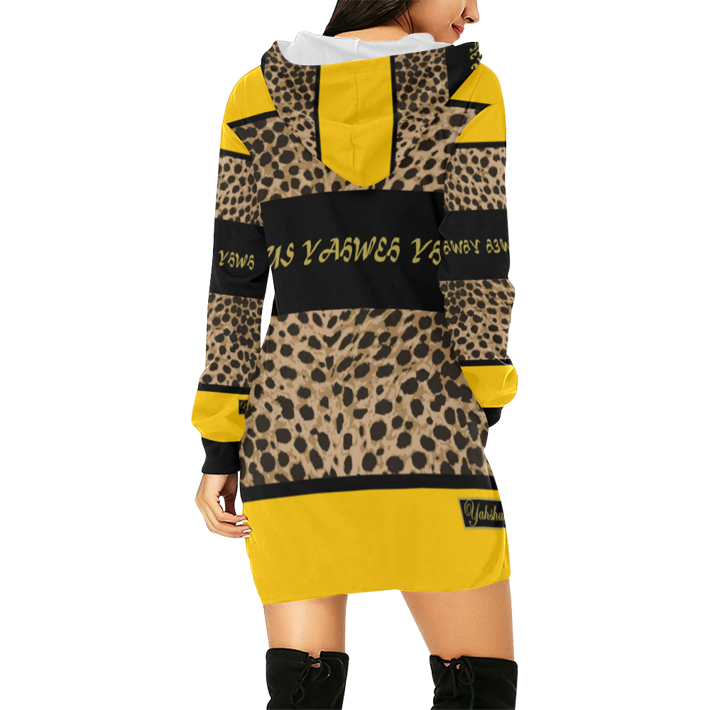 Yahweh Leopard Hood Dress Yellow All Over Print Hoodie Mini Dress (Model H27)