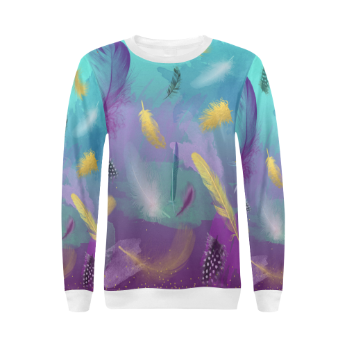 Dancing Feathers - Turquoise and Purple All Over Print Crewneck Sweatshirt for Women (Model H18)