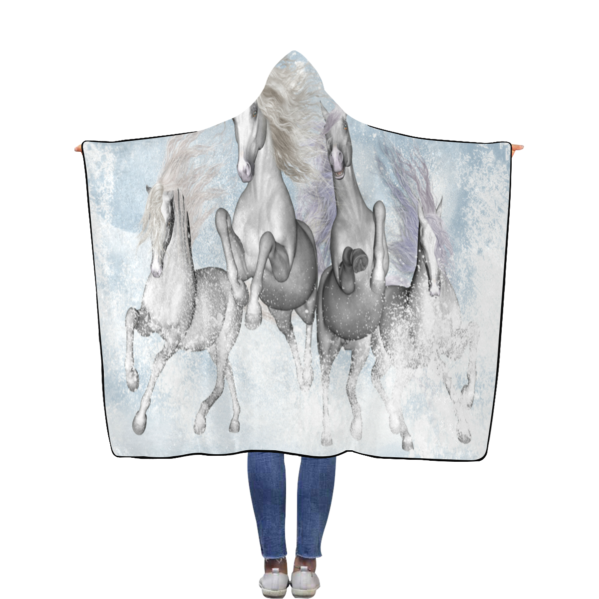 Awesome white wild horses Flannel Hooded Blanket 56''x80''