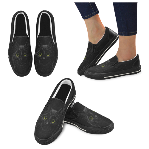 Black Cat Women's Unusual Slip-on Canvas Shoes (Model 019)