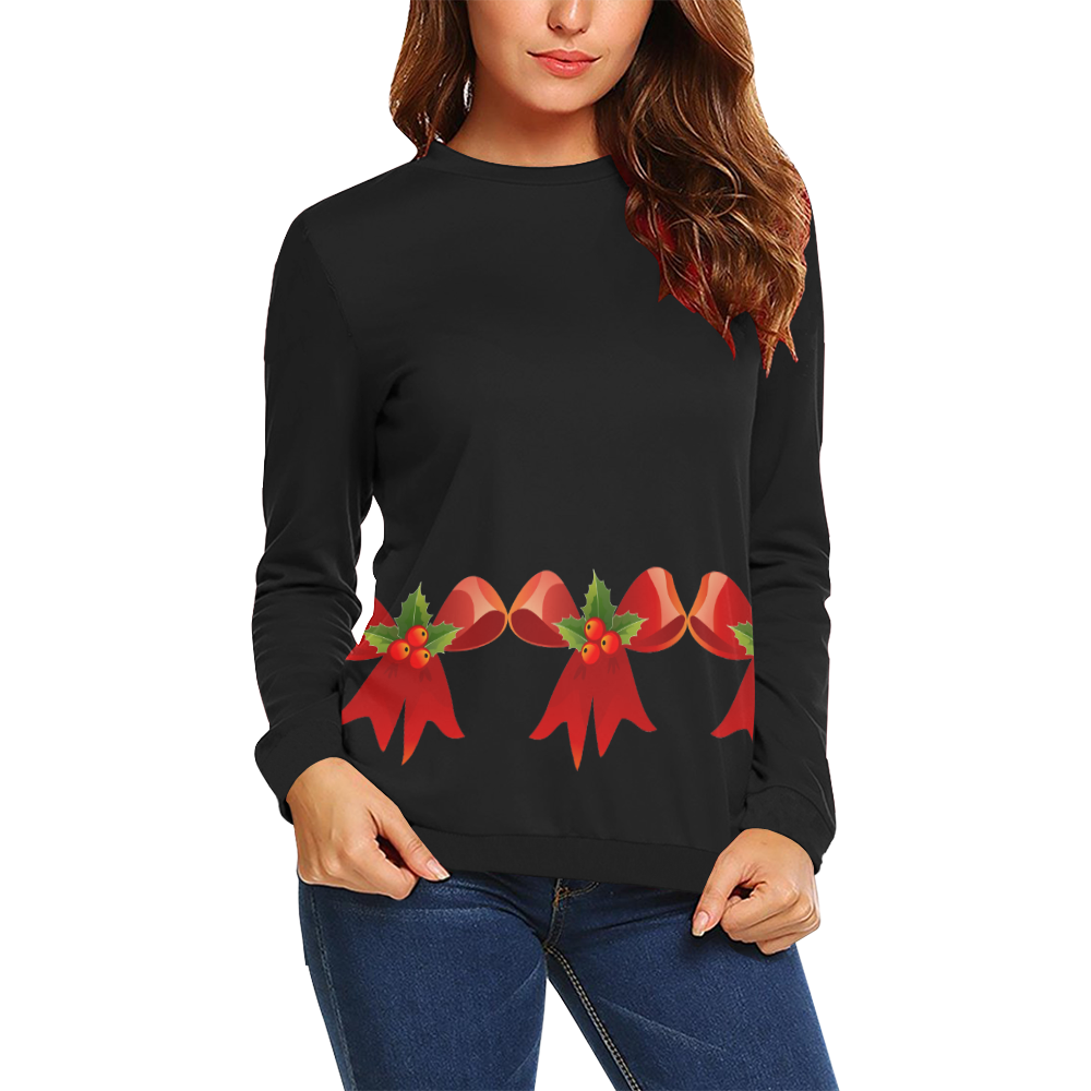 Red Christmas Bows and Holly All Over Print Crewneck Sweatshirt for Women (Model H18)