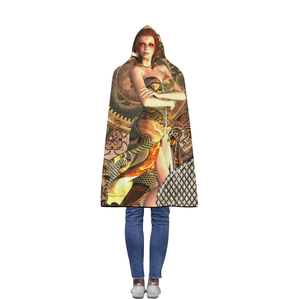 Steampunk lady with gears and clocks Flannel Hooded Blanket 40''x50''