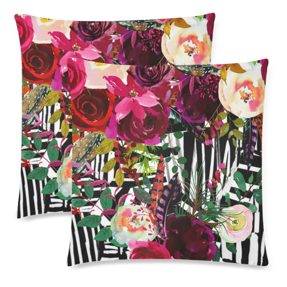 Floral On Zebra Custom Zippered Pillow Cases 18"x 18" (Twin Sides) (Set of 2)