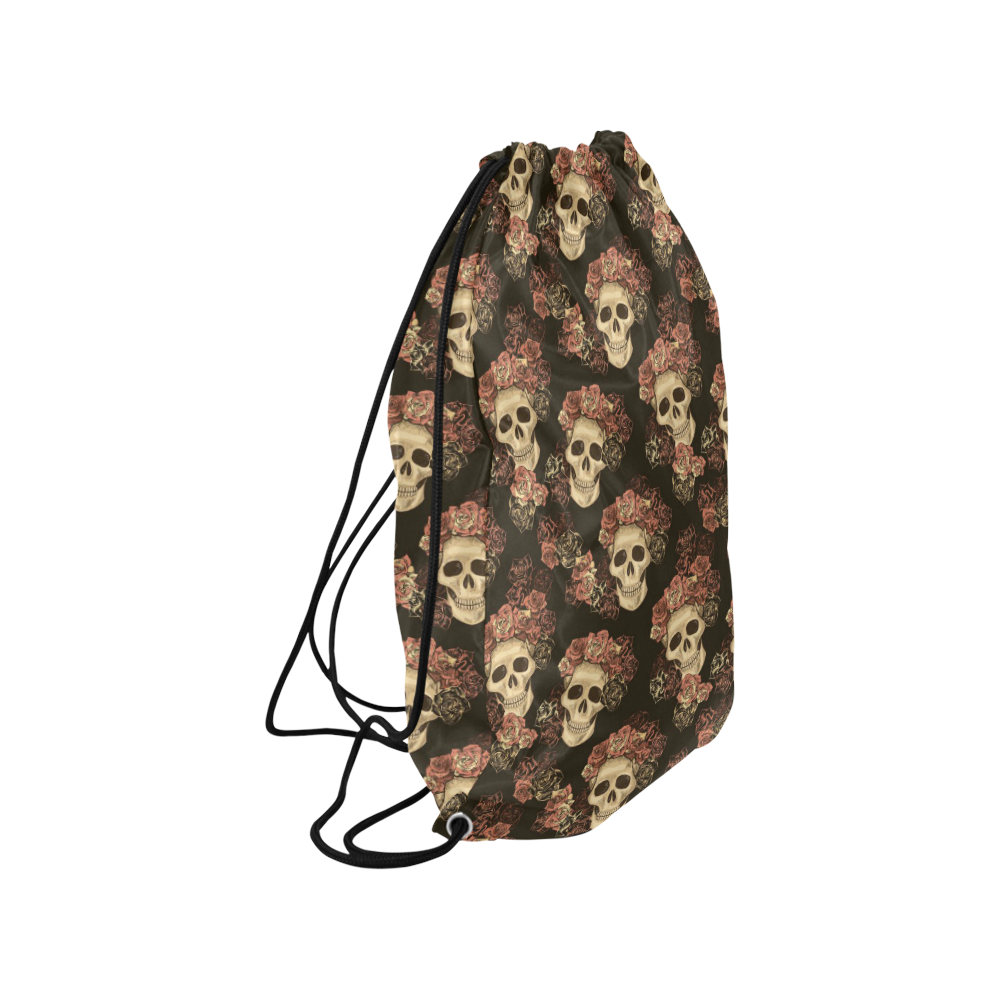 Skull and Rose Pattern Small Drawstring Bag Model 1604 (Twin Sides) 11"(W) * 17.7"(H)