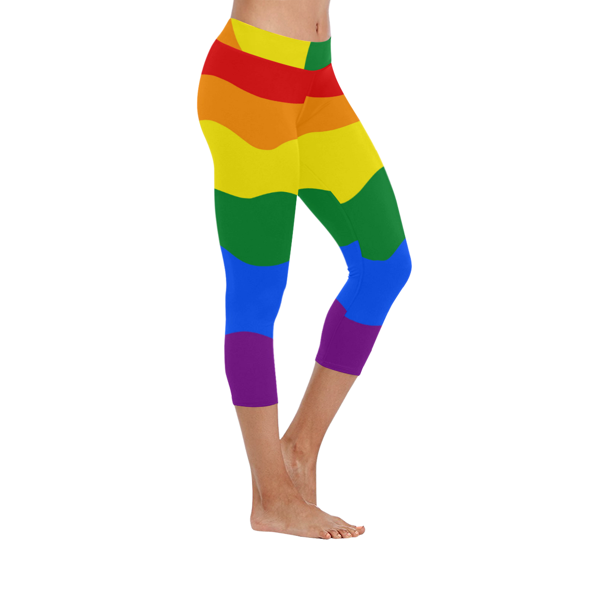Gay Pride - Rainbow Flag Waves Stripes 2 Women's Low Rise Capri Leggings (Invisible Stitch) (Model L08)