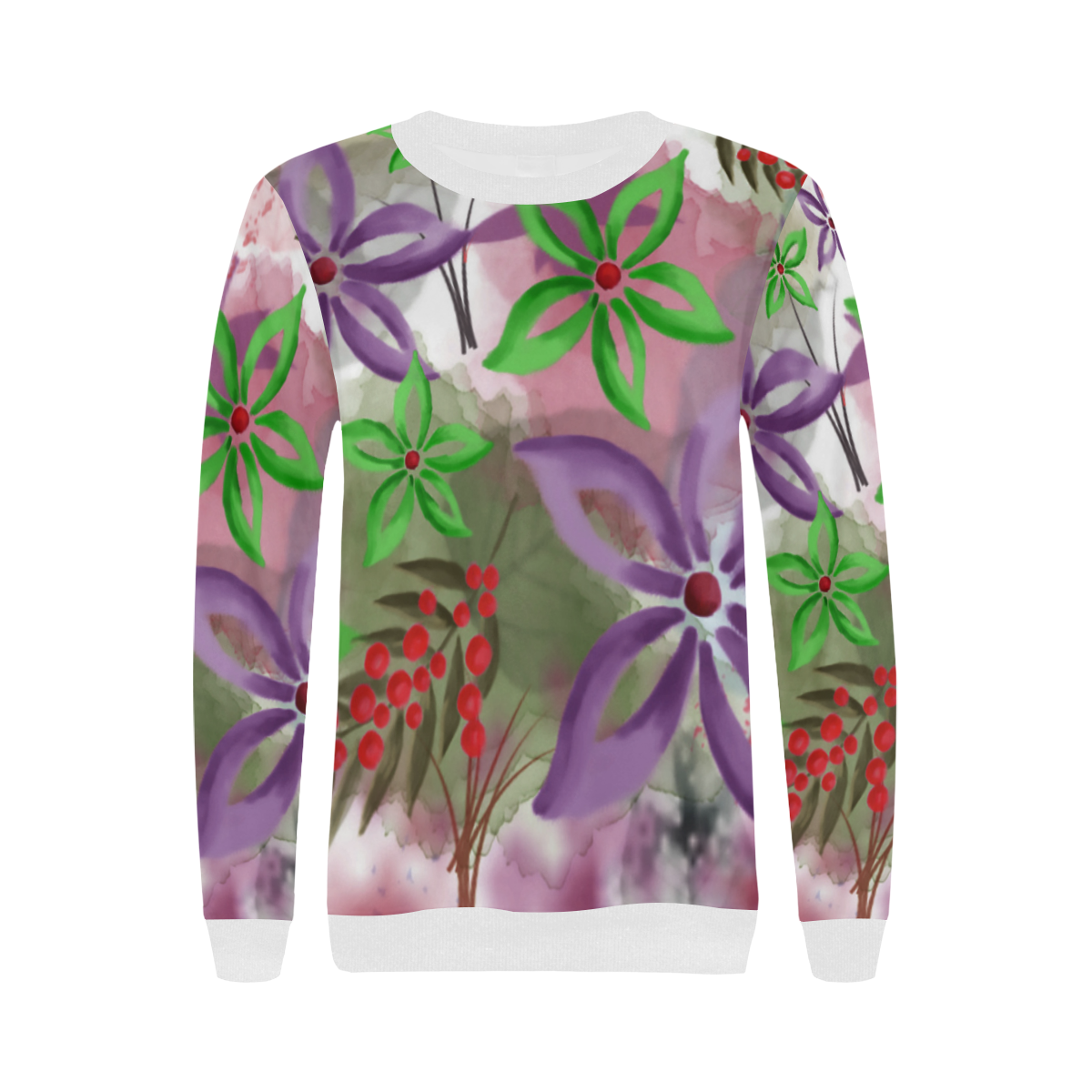 Flower Pattern - purple, violet, green, red Women's Rib Cuff Crew Neck Sweatshirt (Model H34)