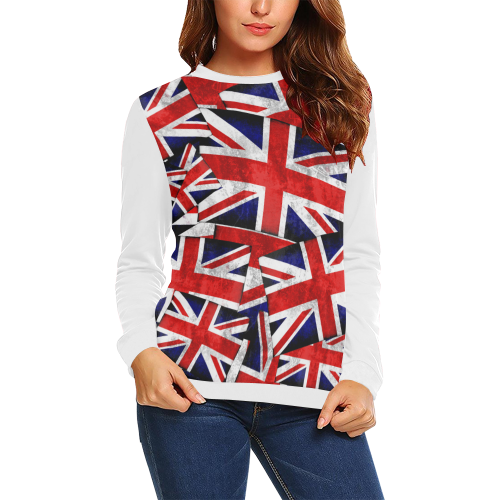 Union Jack British UK Flag (Vest Style) White All Over Print Crewneck Sweatshirt for Women (Model H18)