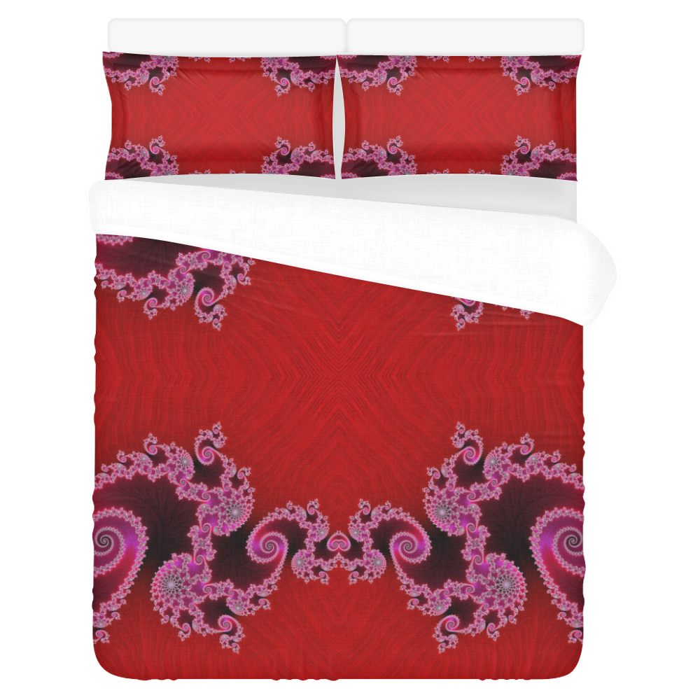 Red Pink Mauve Hearts and Lace Fractal Abstract 2 3-Piece Bedding Set