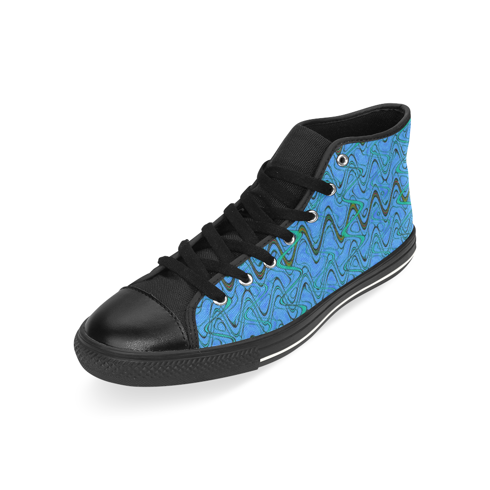 Blue Green and Black Waves pattern design High Top Canvas Women's Shoes/Large Size (Model 017)