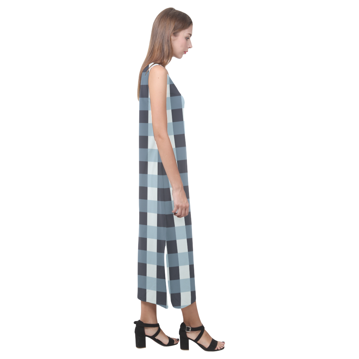 Tartan Turquoise Phaedra Sleeveless Open Fork Long Dress (Model D08)