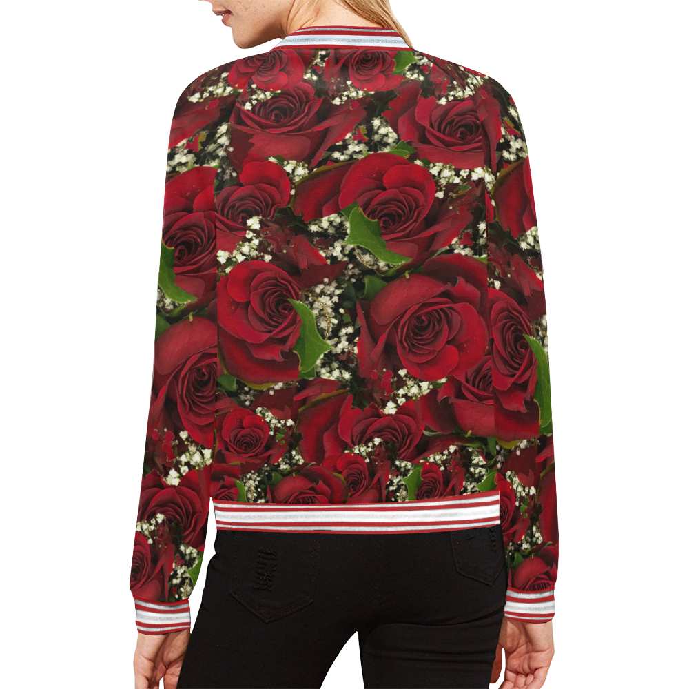 Carmine Roses All Over Print Bomber Jacket for Women (Model H21)