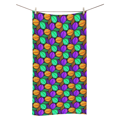 Tricolor Floral Pattern Orange Green and Violet Bath Towel 30"x56"