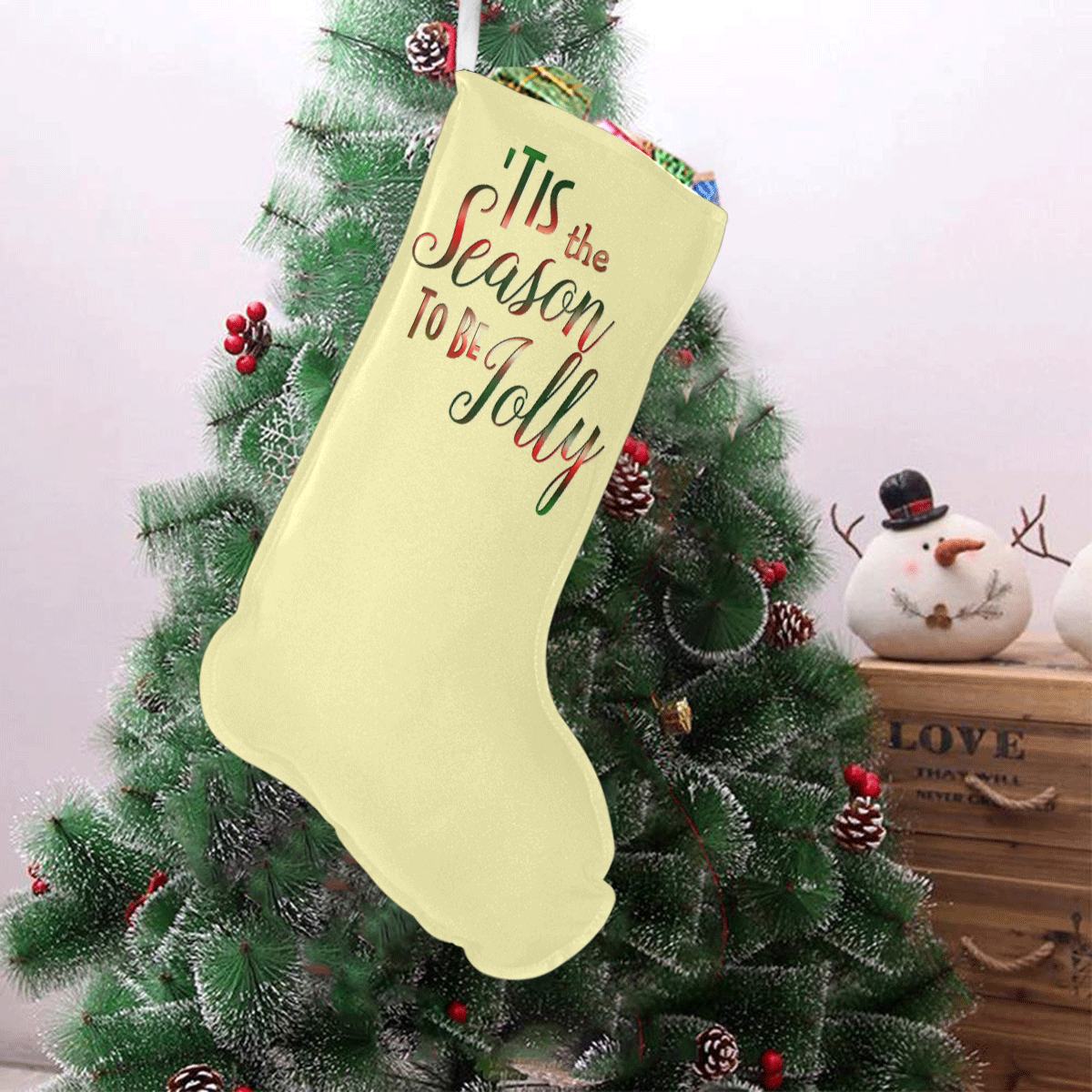 Christmas 'Tis The Season on Yellow Christmas Stocking (Without Folded Top)
