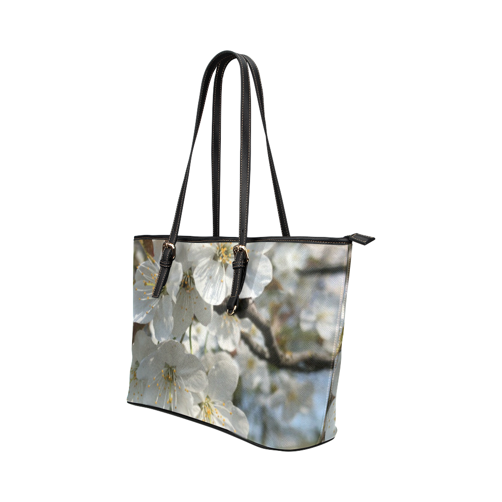 white flower Leather Tote Bag/Small (Model 1651)