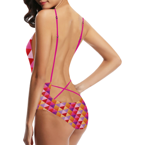 Triangle Pattern - Red Purple Pink Orange Yellow Sexy Lacing Backless One-Piece Swimsuit (Model S10)