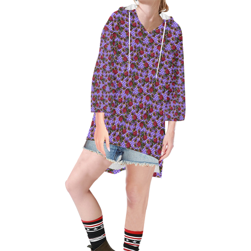 lazy cat floral pattern lilac polka Step Hem Tunic Hoodie for Women (Model H25)