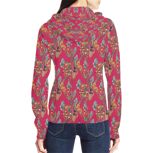 Irises on a red background All Over Print Full Zip Hoodie for Women (Model H14)