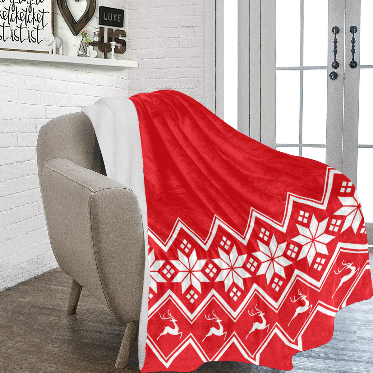 Christmas Reindeer Snowflake Red Ultra-Soft Micro Fleece Blanket 70''x80''