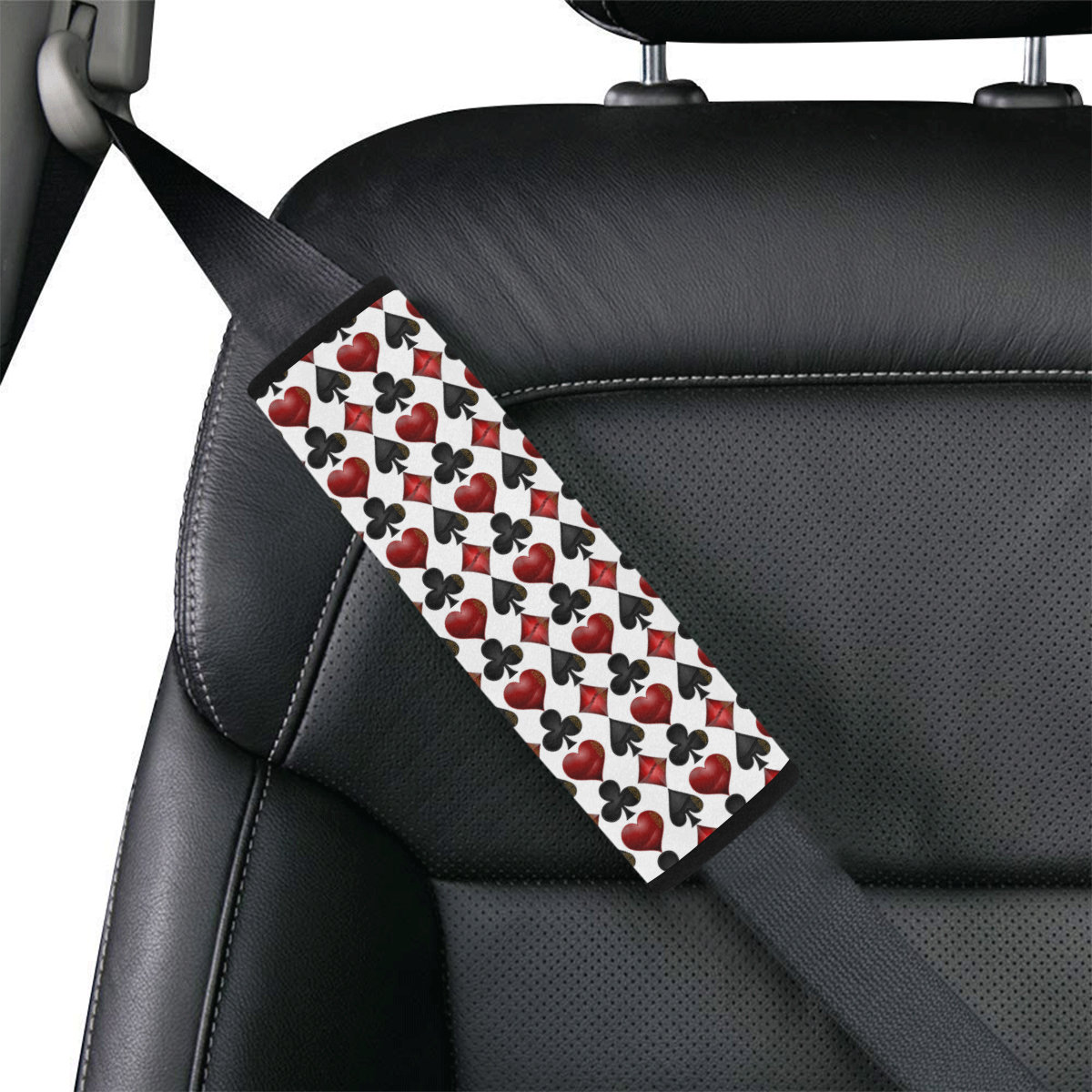 Las Vegas Black and Red Casino Poker Card Shapes on White Car Seat Belt Cover 7''x8.5''