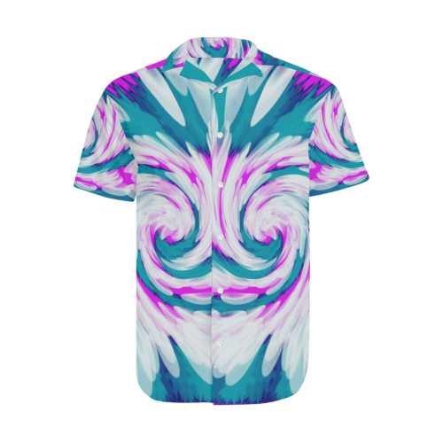 Turquoise Pink Tie Dye Swirl Abstract Men's Short Sleeve Shirt with Lapel Collar (Model T54)