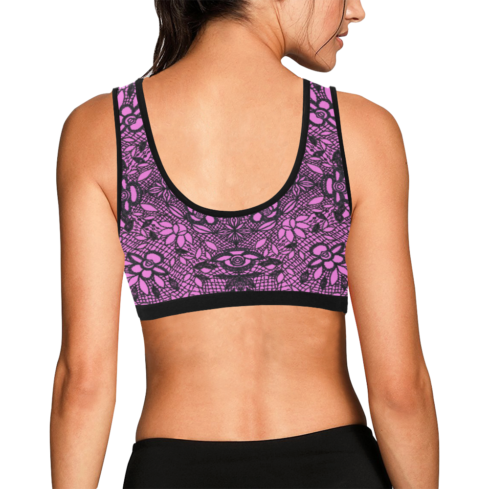 Black Crocheted Lace Mandala Pattern pink Women's All Over Print Sports Bra (Model T52)