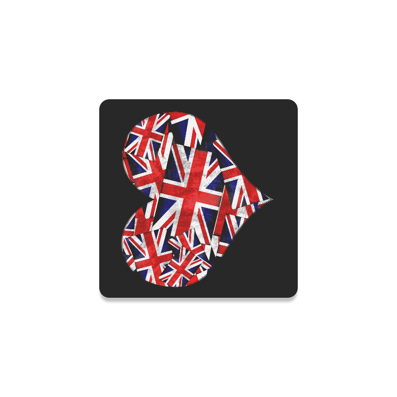 Union Jack British UK Flag Heart Black Square Coaster