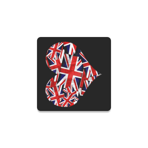 Union Jack British UK Flag Heart Black Square Coaster