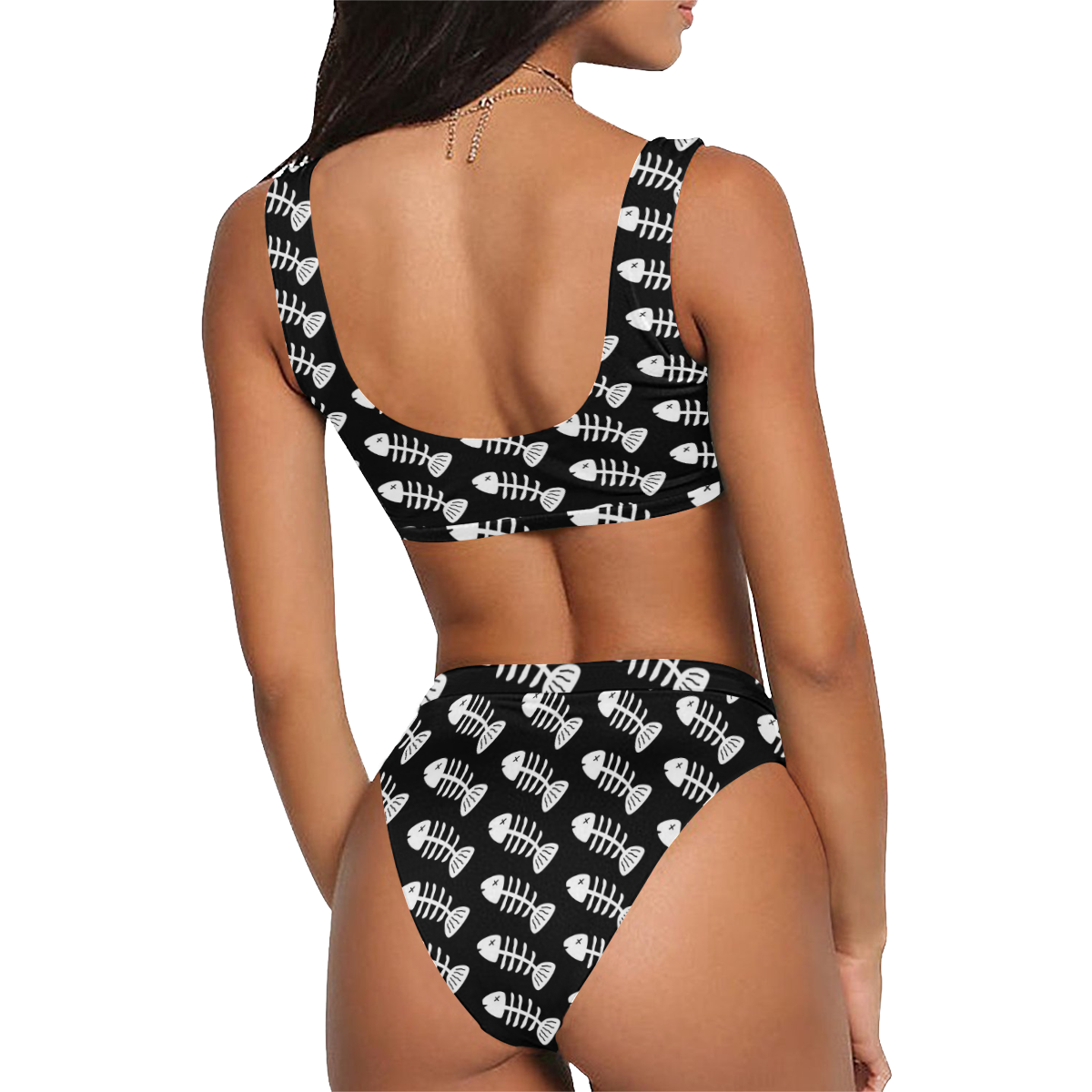 Fish Bones Pattern Sport Top & High-Waisted Bikini Swimsuit (Model S07)