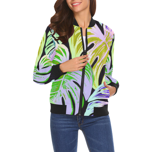 Pretty Leaves C by JamColors All Over Print Bomber Jacket for Women (Model H19)