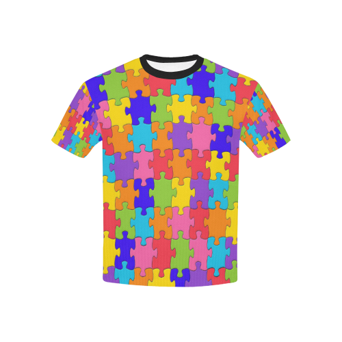 Multicolored Jigsaw Puzzle Kids' Mesh Cloth T-Shirt with Solid Color Neck (Model T40)