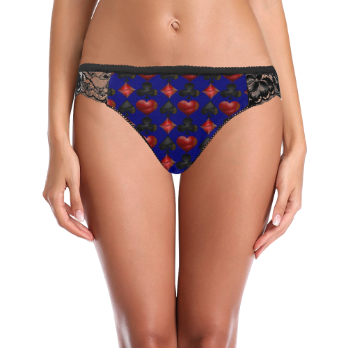 Las Vegas Black and Red Casino Poker Card Shapes On Blue Women's Lace Panty (Model L41)