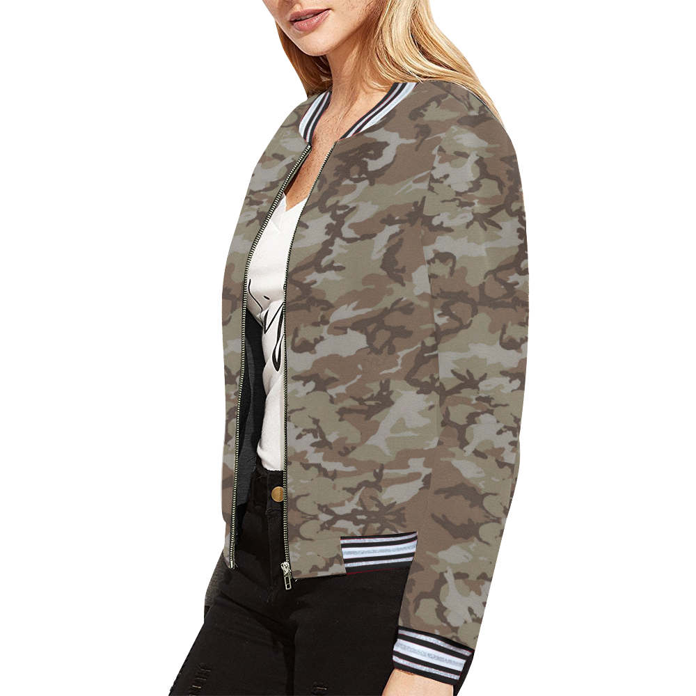 Woodland Desert Brown Camouflage All Over Print Bomber Jacket for Women (Model H21)