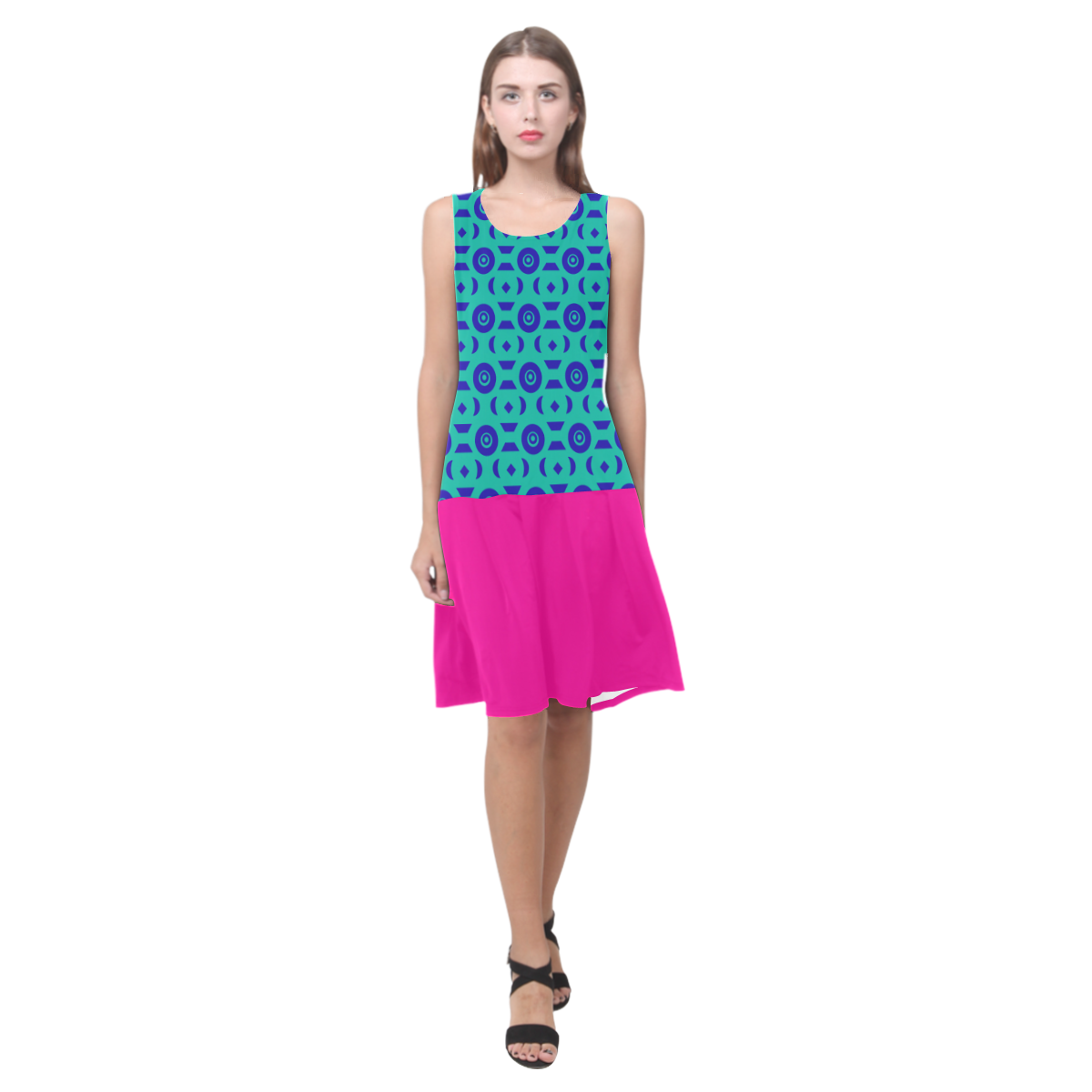 Blue Geometric Shapes in Turquoise Sleeveless Splicing Shift Dress(Model D17)