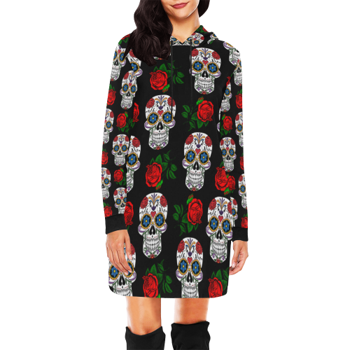 skull pattern black All Over Print Hoodie Mini Dress (Model H27)