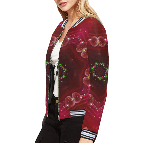 Love and Romance Glittering Ruby and Diamond Heart All Over Print Bomber Jacket for Women (Model H21)