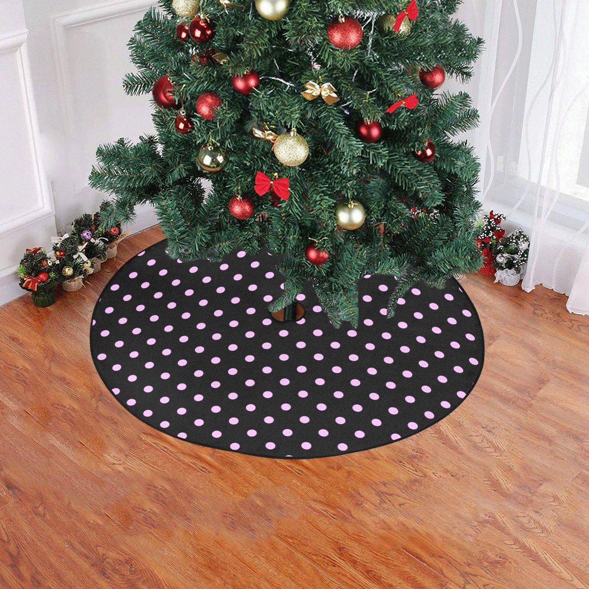 Polka Dots Pink on Black Christmas Tree Skirt 47" x 47"