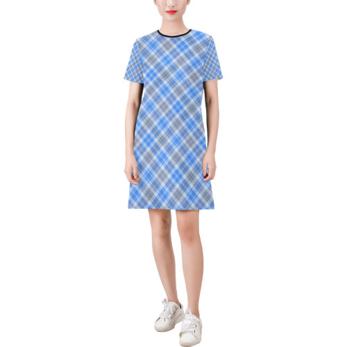 Plaid patterns Short-Sleeve Round Neck A-Line Dress (Model D47)