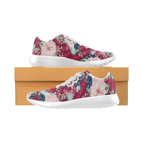 Floral Burgundy Shoes, Romance Watercolor Flowers Women’s Running Shoes (Model 020)
