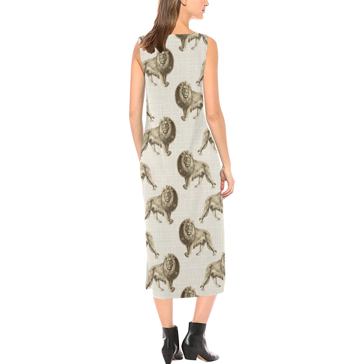 Linen Lion Animal Print Phaedra Sleeveless Open Fork Long Dress (Model D08)