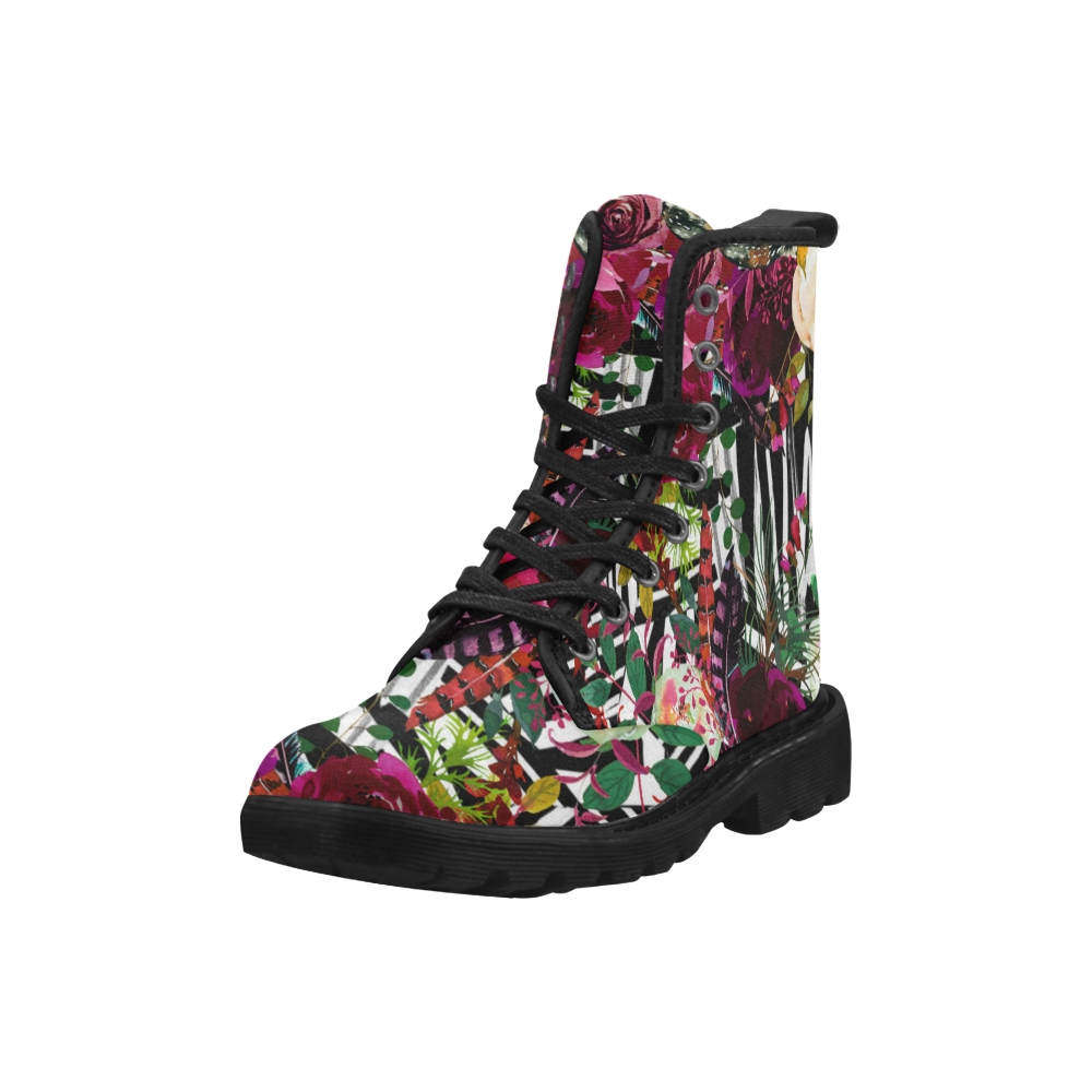 Floral On Zebra Martin Boots for Women (Black) (Model 1203H)