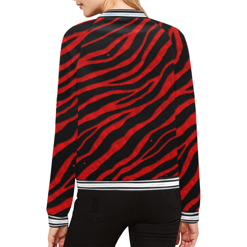 Ripped SpaceTime Stripes - Red All Over Print Bomber Jacket for Women (Model H21)