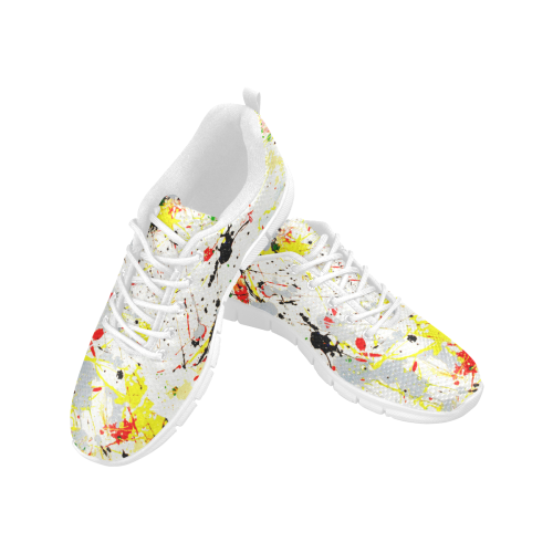Yellow & Black Paint Splatter - White Women's Breathable Running Shoes/Large (Model 055)