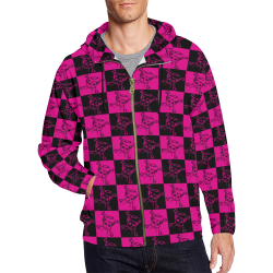 Pink Checker Angel Demon Crossbones Hoodie All Over Print Full Zip Hoodie for Men (Model H14)